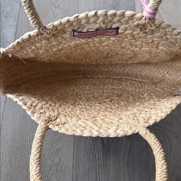 Vineyard Vines Woven Straw Round Tote Natural w/Deep Bay Sky Blue & White Stripe - Picture 8 of 8